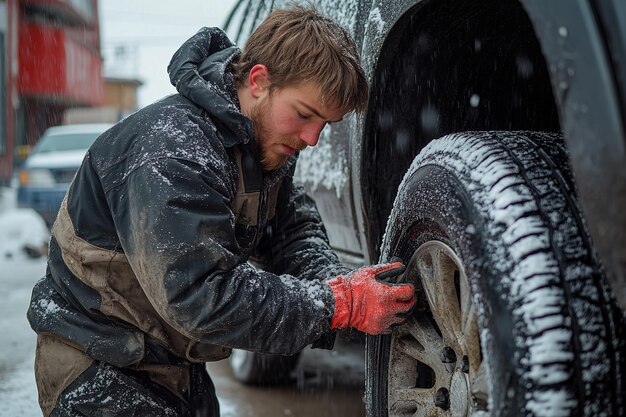 person trying to defrost his tires in the snow
